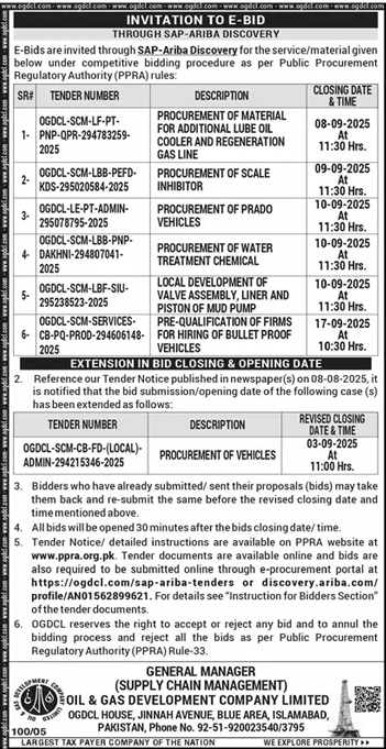 Oil & Gas Development Company Limited Islamabad Tender Notice